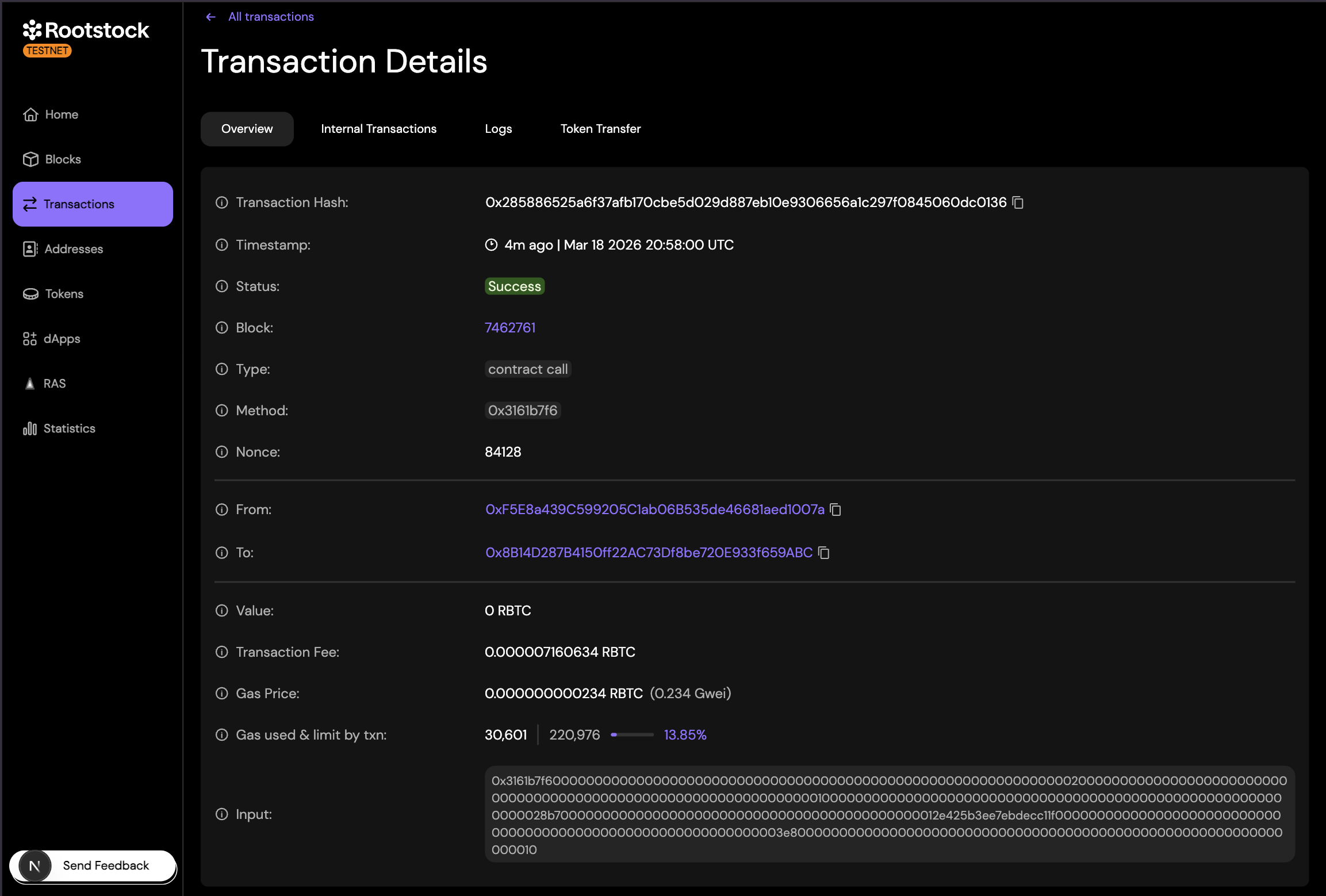 Transaction Details page in the Rootstock Explorer showing Overview tab with hash, status, block, type, method, nonce, from, to, value, fee, gas, and input